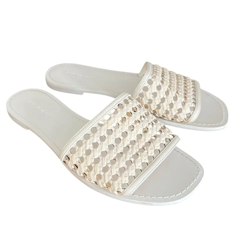 Tory Burch Woven Raffia Slide Sandals in New Ivory Natural Womens Size 8